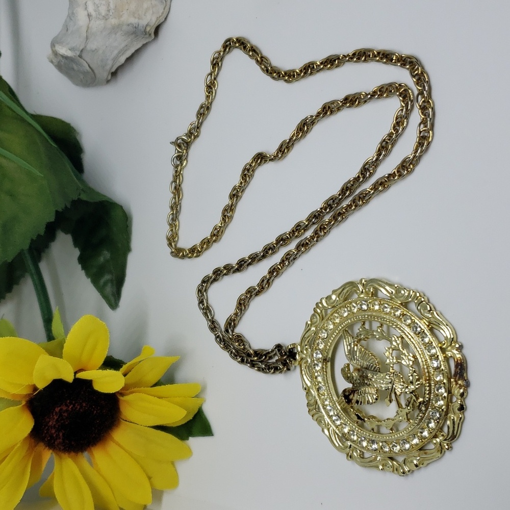 Vintage Royal gold tone eagle and rhinestone necklace